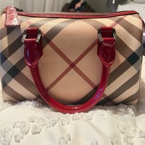 Burberry Red and Beige Checkered Satchel